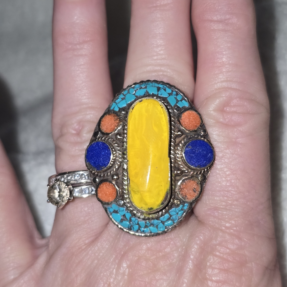 Multi-Stone Statement Ring With Turqupise, Blue Lapis, Coral & Bumble Bee